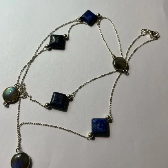 Lapis and Round Labradorite 925 Sterling Silver Station Necklace 36” - Picture 2 of 15